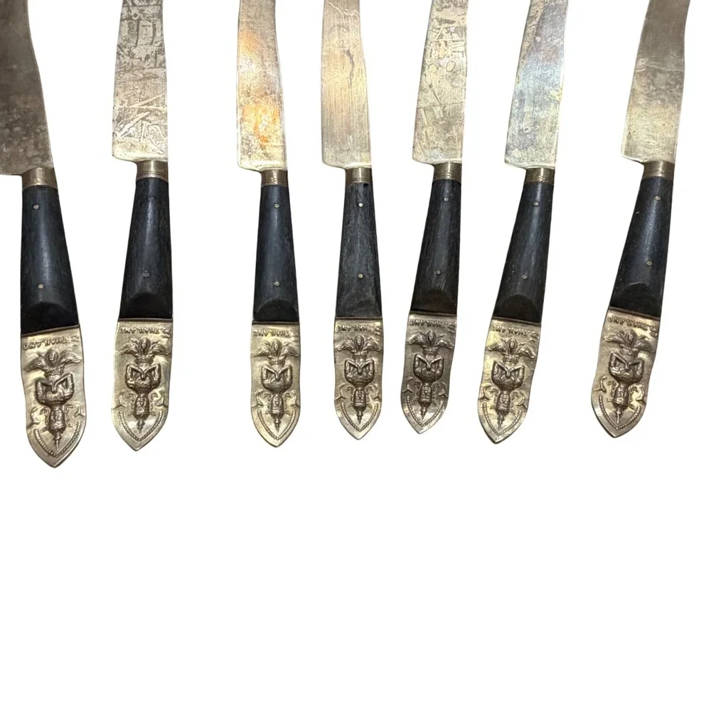 Vintage Thai Bronze Dessert Knives Set of 7 Wood Handle Goddess Deity Thailand